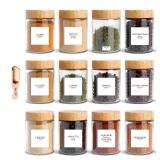 12 pcs Glass Spice Jars with Bamboo Lids - 8oz Spice Containers with 360 Spice Labels, Expiration Date Stickers & Measuring Spoon - Kitchen Organization & Storage Set for Herbs, Seasonings & Spices - 