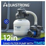 AQUASTRONG Sand Filter Pump for Above Ground Pool with Timer, 2/3 HP Pool Pumps Above Ground 3000 GPH for Pools up to 11000GAL,12in Pool Filter with 6-Way Valve, Improved Circulation and Filtration - 