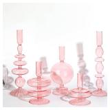 Rtteri 5 Pcs Glass Candlestick Holders Colorful Glass Taper Candle Stand Groovy Candlestick Wavy Boho Chic Clear Bases Holders Elegant Vase for Home Party Centerpiece(Pink) - Retail: $53