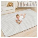 Yumiio Large Vegan Leather Baby Play Mat for Floor,1.3\"Thick Foam 59x82 Foldable Waterproof Kids Play Mat,Stylish and Just Wipe-Clean Playmat for Baby Play on Floor (Grey Checker) - Retail: $120