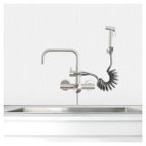 TRYWELL Wall Mount Faucet with Handheld Sprayer 6 Inch Center Kitchen Faucets Swivel 360Â°Stainless Steel Commercial Sink Faucet with retractable 79 inch Hose Spray Accessory Set(W-004P) - Retail: $