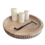 Round Wood Decorative Tray - Brown Washed Bead Tray for Coffee Table Wood Serving Tray Wooden Trays Decor Kitchen Counter Circle Tray Vintage Centerpiece for Living Room Candle Holder (15.75 inch) - R