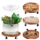 4 Pack Plant Caddy with Wheels Heavy Duty 12 Inch Wooden Plant Stand with Wheels Plant Dolly Rolling Plant Stand Plant Roller with Casters for Indoor and Outdoor with 4 Pack Plant Saucers, Round - Ret