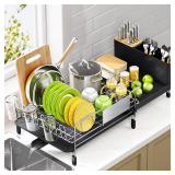 Urackify Large Dish Drying Rack - 304 Stainless Steel Dish Rack for Kitchen Counter, Extendable Dish Drainers with Cutlery & Cup Holders, Black - Retail: $50