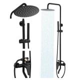 All-Metal Outdoor Shower Fixture,3 Functions Handle Tub Rainfall Shower Faucet Sets with Dial Thermometer Brass Valve, Black Exposed Shower System with 10