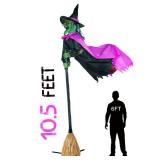 10.5FT Outdoor Animated Flying Witch Halloween Decor on Broom, Sound Activation,Eyes Glowing,Scary Sounds, Animatronics Hover Witch for Garden Yard Lawn Decorations - Retail: $91