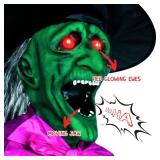 10.5FT Outdoor Animated Flying Witch Halloween Decor on Broom, Sound Activation,Eyes Glowing,Scary Sounds, Animatronics Hover Witch for Garden Yard Lawn Decorations - Retail: $91