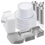 BESTVIP 700 PCS Silver Dinnerware Set for 100 Guests, Plastic Dinnerware Set for Party, Wedding, Christmas, Halloween, Include: 200 Plastic Plates, 100 Silver Silverware, 100 Cups, 100 Paper Napkins -