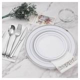 BESTVIP 700 PCS Silver Dinnerware Set for 100 Guests, Plastic Dinnerware Set for Party, Wedding, Christmas, Halloween, Include: 200 Plastic Plates, 100 Silver Silverware, 100 Cups, 100 Paper Napkins -
