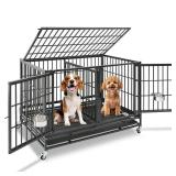 Homey Pet 43 Inch Dog Crate, Heavy Duty Stackable Dog Crate Cage Kennel for Medium Dogs with Divider, Bowls, 3 Door, Removable Grid & Tray, 4 Lockable Wheels, Breeding & Grooming Drop Cages for Dogs -