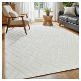 Macgace Ultra Soft Cream White Area Rug for Living Room, 5x7 Modern Geometric Shag Rugs with Nonslip Backing for Bedroom, Washable Fuzzy Carpet for Cozy Kids Girls Room Nursery - Retail: $40