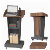 BERPET Wooden Podium Stand with Footrest, 43âRolling Lectern with Storage, 23.6â Desktop, Built-in Cable Holes, Sturdy Base, Mobile Pulpit for Churches, Conferences & Classrooms - Retail: $2