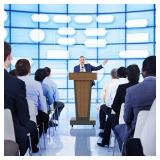 BERPET Wooden Podium Stand with Footrest, 43âRolling Lectern with Storage, 23.6â Desktop, Built-in Cable Holes, Sturdy Base, Mobile Pulpit for Churches, Conferences & Classrooms - Retail: $2