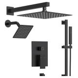 EVERSTEIN 10\" High-Pressure Rainfall Shower Faucet with Handheld Spray, Wall Mount Dual Shower Head System with Slide Bar (Matte Black) - Retail: $287