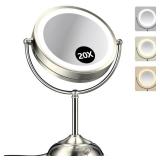 20x Large Lighted Makeup Mirror, Rechargeable 9\" Magnifying Makeup Mirror, 30-Minute Timer,3 Color Modes, Adjustable Brightness, No Assembly Required, 360Â° Rotation Cosmetic Mirror, Pearl Nickel -