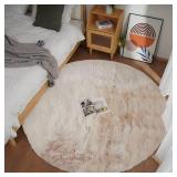 Ghouse Faux Rabbit Fur Round Rug 8ft Light Brown Beige Round Rugs for Bedroom Decor Fluffy Area Rugs for Living Room, no-Shedding Carpet Sheepskin Washable Rug Rome Decor - Retail: $220