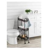 Mainstays Slim 3-Tier Rolling Bathroom Storage Cart with Hooks, Black