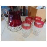 Red Rimmed Pitcher w/ 13 Tumblers - maybe lead crystal - very heavy