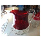 Red Rimmed Pitcher w/ 13 Tumblers - maybe lead crystal - very heavy
