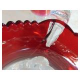 Red Rimmed Pitcher w/ 13 Tumblers - maybe lead crystal - very heavy