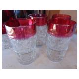 Red Rimmed Pitcher w/ 13 Tumblers - maybe lead crystal - very heavy