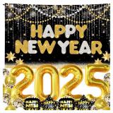 (UNUSED) KatchOn, Huge New Years Eve Party Supplies 2025 - Pack of 44 | Gold and Black Happy New Year Banner, 2025 Balloon Numbers | New Years Balloons for New Years Eve Decorations, New Years Decorat