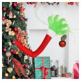 APPEARS NEW - Christmas Elf Body Tree Decoration - Furry Green Elf Arm Hanging Ornament for Winter Party Supplies, Xmas Holiday Indoor Home Decor