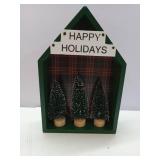 APPEARS NEW - Wooden House Christmas Display with Bottlebrush Trees
