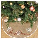 APPEARS NEW - MACTING Christmas Burlap Tree Skirt, 30 inches Tree Mat with 8 White Snowflake Red Merry Christmas Printed for Holiday Party Decorations Indoor Outdoor