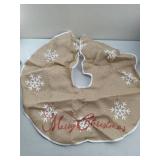 APPEARS NEW - MACTING Christmas Burlap Tree Skirt, 30 inches Tree Mat with 8 White Snowflake Red Merry Christmas Printed for Holiday Party Decorations Indoor Outdoor