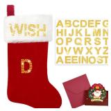 FACTORY SEALED - 20 Inches Monogrammed Christmas Stockings with Letters Red Velvet with White Super Soft Plush Cuff Stockings Christmas Cards with Envelopes Gold Rhinestone A-Z Letter for Xmas Tree Fi