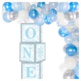 Winter Onederland 1st Birthday Boy Decoration - Blue Winter Birthday Boxes, Blocks, Balloon Garland for Baby Boy Snowflake Theme Baby Shower Supplies (O box is missing)