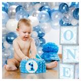 Winter Onederland 1st Birthday Boy Decoration - Blue Winter Birthday Boxes, Blocks, Balloon Garland for Baby Boy Snowflake Theme Baby Shower Supplies (O box is missing)