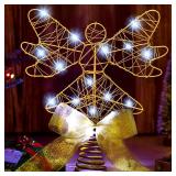 APPEARS NEW - Sumind Angel Christmas Tree Topper with Bow and LED Light String, 9 Inch Lighted Glittered Angel Treetop Xmas Holiday Christmas Decorations Ornament, Not Pre-lit(Gold)