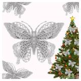 15 PCS Glitter Christmas Tree Butterfly Ornaments, Hollow Butterfly Christmas Decorations with Clips, Artificial Butterfly Ornaments Decoration for Christmas Tree, DIY Xmas Wreath Decor - Silver