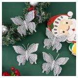 15 PCS Glitter Christmas Tree Butterfly Ornaments, Hollow Butterfly Christmas Decorations with Clips, Artificial Butterfly Ornaments Decoration for Christmas Tree, DIY Xmas Wreath Decor - Silver
