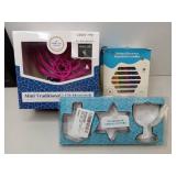 APPEARS NEW - Hanukkah Bundle: Natural Multi-Color Candles, Mini Traditional Menorah & 3 Hanukkah Cookie Cutters. See Photos.