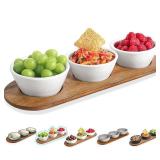 Artena 10oz Ultra-fine Porcelain Chips and dip Serving Platter with Acacia Wooden Tray, 4.75inch White Dipping Bowls,Small Serving Bowls for Condiments, Side Dishes, Pre, Dessert, Salsa, Entertaining
