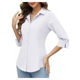 HOTOUCH Women White Button Down Dress Shirt Business Casual 3/4 Sleeve White Classic V Neck Dress Blouses XL