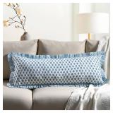 CPC Apatite Blue 100% Cotton Block Print Ruffle Sham Cover 14x36 inch, Handmade Boho Floral Pillowcase, Farmhouse Cottagecore Bedding, Soft Decorative Cushion Cover for Bedroom Decor