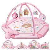 Baby Gym Play Mat, 8-in-1 Tummy Time Mat & Ball Pit with 6 Toys, Washable Baby Activity Mat for Visual, Hearing, Sensory, Motor Development, Babies Gift for Newborn Infant 0-3-6-9-12 Months (Pink)