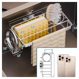 TAILI Sponge Holder with Strong Suction Cup, 4-in-1 Rustproof Sink Organizer - Sink Caddy Holds Sponges, Brushes, Stoppers & Scrapers -Silver