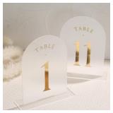 UNIQOOO Frosted Arch Wedding Table Numbers 1-15 w/Stands, Gold Foil Printed 5x7 Acrylic Display Signs &Holders, Pack of 15, Perfect for Centerpiece, Reception, Decoration, Party, Anniversary, Event