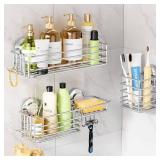 LEVERLOC Shower Caddy Suction Cup, 3 Pack Heavy Duty Bathroom Organizer For Inside Shower With Hooks & Soap Holder, Removable Bathroom Organizer, Rustproof Silver Holder Storage Storage,Silver