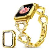 Mesime Compatible with Apple Watch Band 38mm 40mm 41mm 42mm 44mm 45mm , Women Girl Bling Diamond Jewelry Metal Strap Bands with Crystal Tempered Glass Screen Protector Case, Round Shiny Bracelet