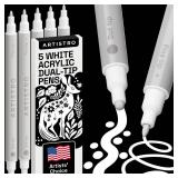 ARTISTRO 5 White Dual-Tip Acrylic Paint Pens - 5mm Dot + 1mm Fine Tips - Multisurface Markers for Fabric, Glass, & More