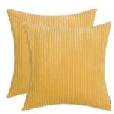 HWY 50 Mustard Yellow Corduroy Throw Pillow Covers 18x18 Inch, Set of 2, Soft Cozy Decorative Cushion Cases for Couch Sofa Bed Living Room, Boho Striped Home Decor
