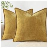decorUhome Chenille Soft Throw Pillow Covers 18x18 Set of 2, Farmhouse Velvet Neutral Decorative Euro Pillow Covers with Stitched Edge for Couch Sofa Bed Home Decor, Mineral Yellow
