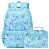 DSIUE Kids Backpack for Girls Elementary BookBags Teens Middle School Backpack with Lunch Box (Butterfly Green)
