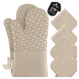 KEGOUU Oven Mitts and Pot Holders 6pcs Set, Kitchen Oven Glove High Heat Resistant 500 Degree Extra Long Oven Mitts and Potholder with Non-Slip Silicone Surface for Cooking (Almond)